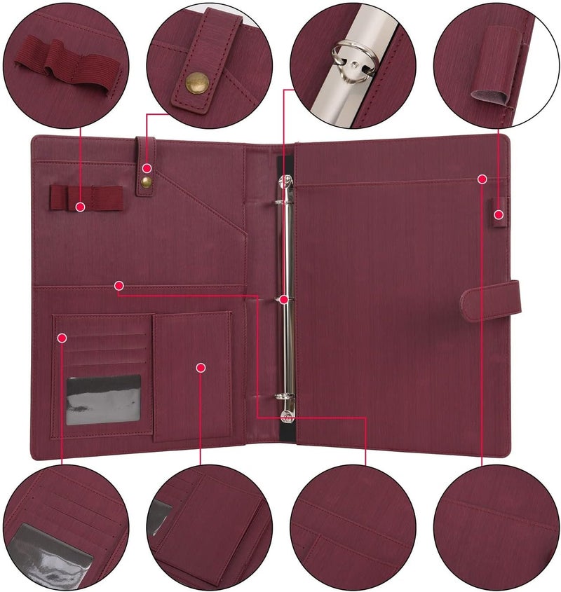 WONDERPOOL A4 PU Leather Portfolio Holder Ring File Document Case with Removable Binder Clipboard, Multi Pocket and Legal Pad for Business Organizer Interview and Meeting (Wine red) - Image 3